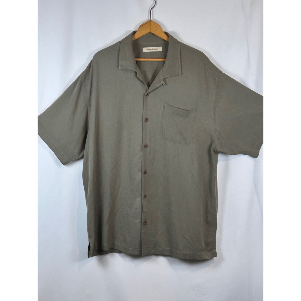 Tommy Bahama Shirt Mens XL Olive Green Excellent Silk Blend Herringbone Camp